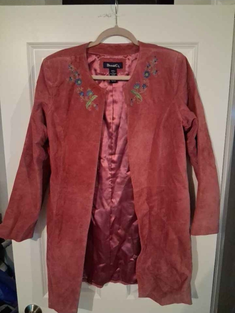Denim&Co Rose Pink Suede Embroidered Open-Front Trench Coat